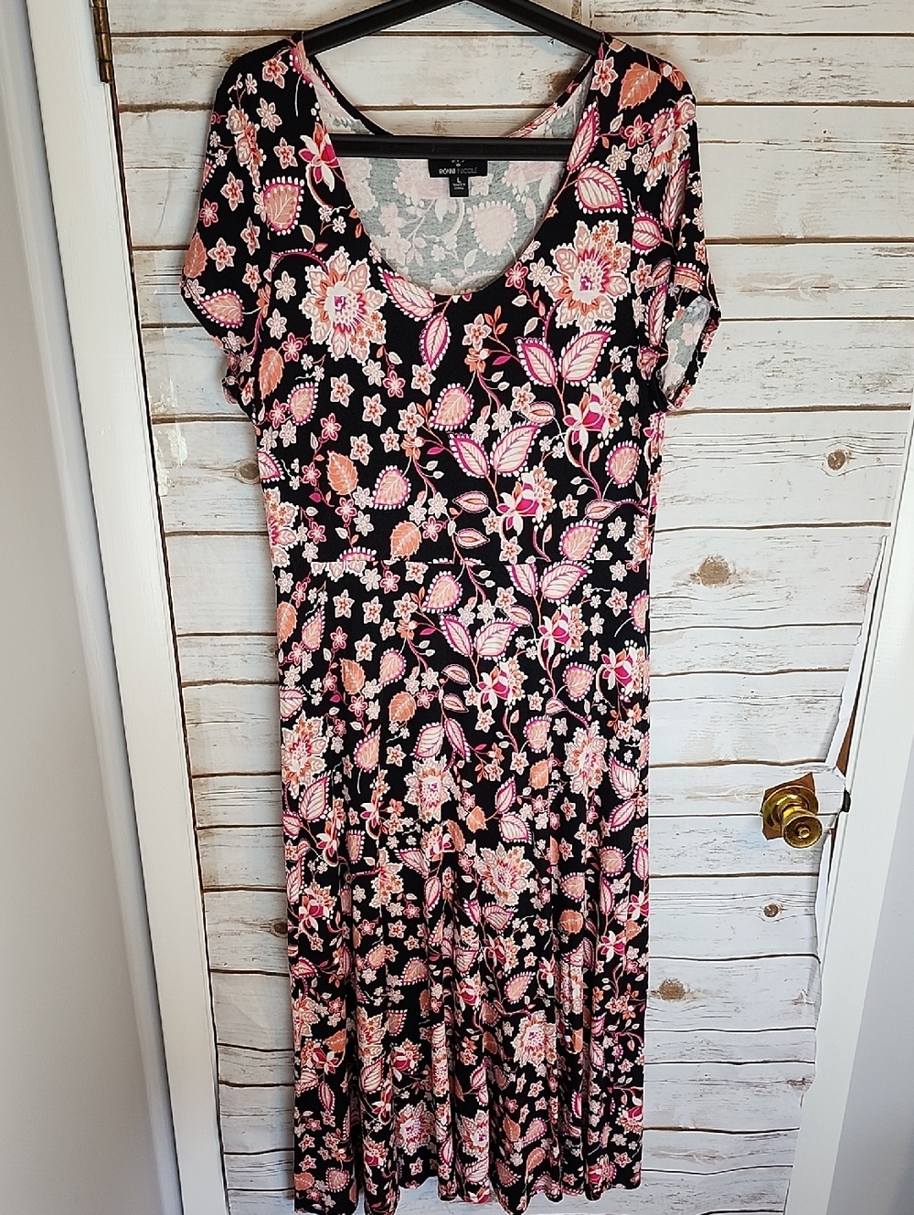 Ronni Nicole Black Dress with Pink Floral Print Size Large